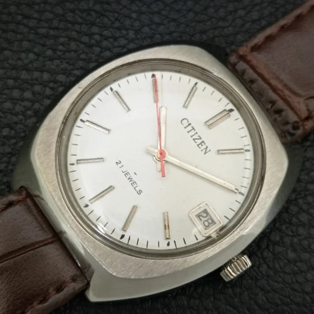 Vintage 1980 Citizen Manual Wound Mens Silver Watch W/Date & White accents